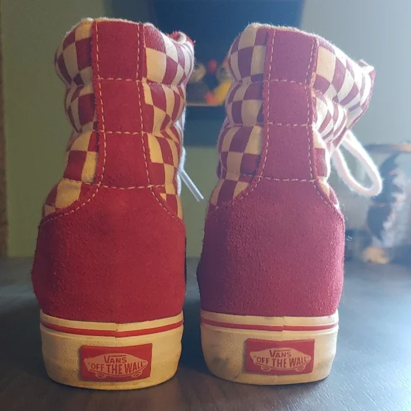 Vans Women's Red and Cream Checkered High-Top Sneakers - Picture 3 of 3